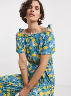 JD Williams Blue Lemon Print Crinkle Tie Strap Jumpsuit