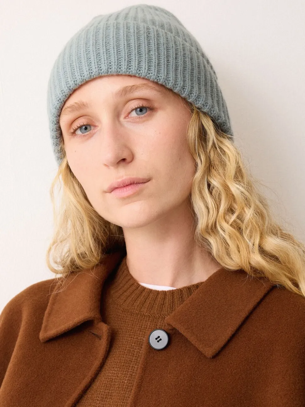 Jigsaw Blue Wool Cashmere Blend Rib Beanie