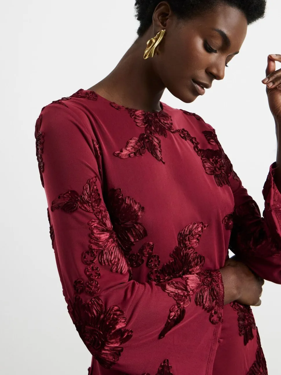 Joanna Hope Burgundy Red Magisculpt Textured Floral Maxi Dress