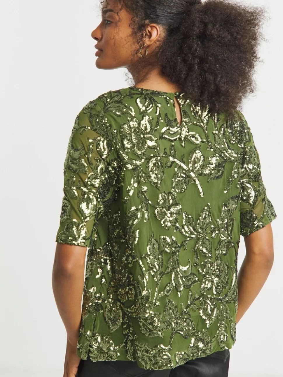 Joanna Hope Floral Sequin Green Blouse