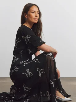 Joanna Hope Lurex Bow Tea Maxi Dress With Sheer Black Skirt