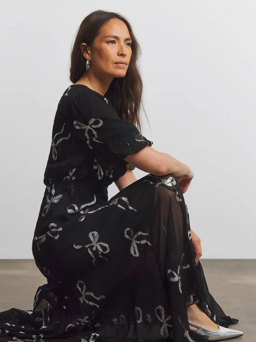 Joanna Hope Lurex Bow Tea Maxi Dress With Sheer Black Skirt