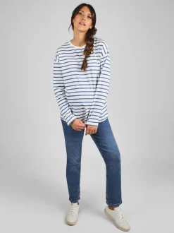 JoJo Maman Bébé Blue & Cream Stripe Long Sleeve Boyfriend Maternity T-Shirt