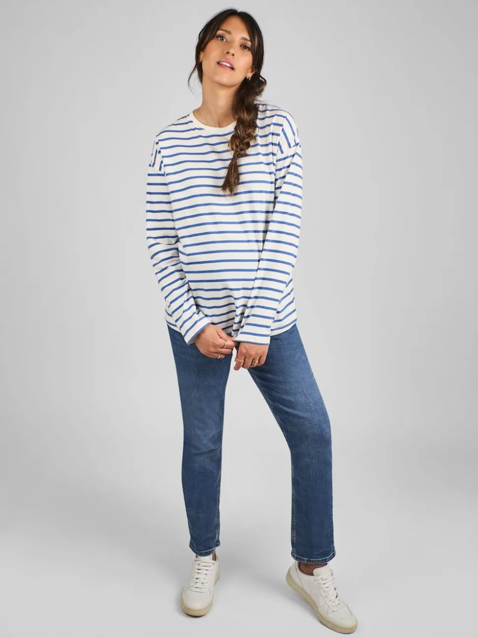 JoJo Maman Bébé Blue & Cream Stripe Long Sleeve Boyfriend Maternity T-Shirt