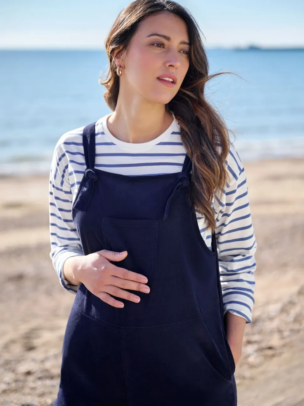 JoJo Maman Bébé Blue & Cream Stripe Long Sleeve Boyfriend Maternity T-Shirt