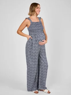 JoJo Maman Bébé Blue Ditsy Floral Maternity Shirred Jumpsuit