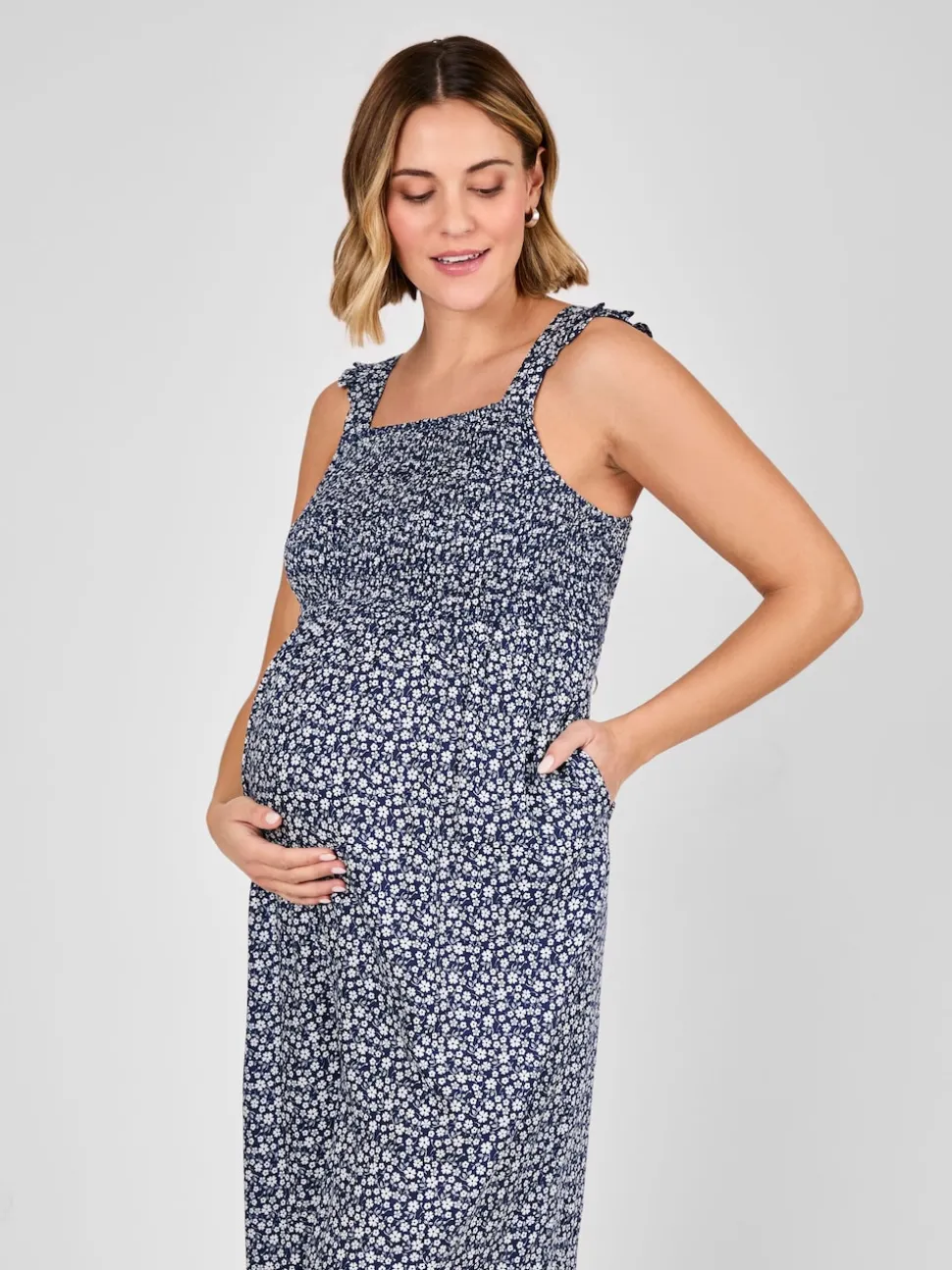 JoJo Maman Bébé Blue Ditsy Floral Maternity Shirred Jumpsuit