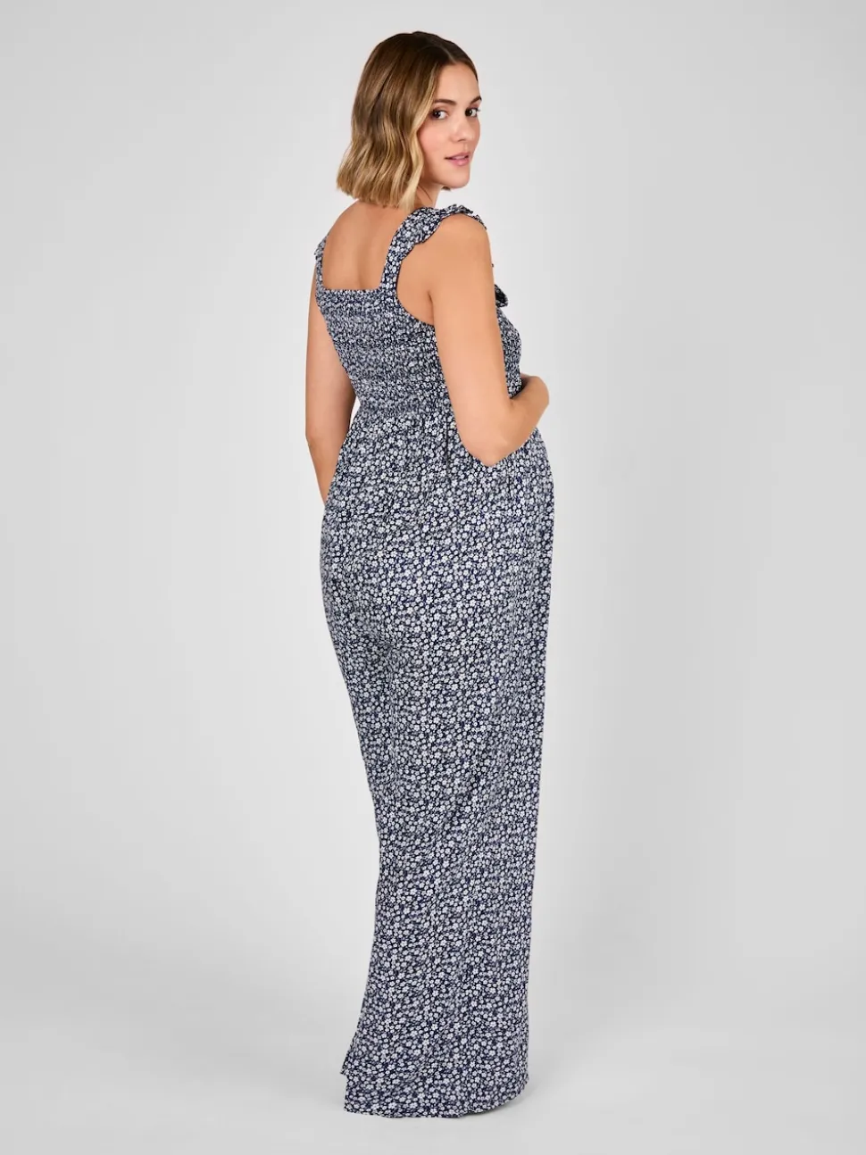 JoJo Maman Bébé Blue Ditsy Floral Maternity Shirred Jumpsuit