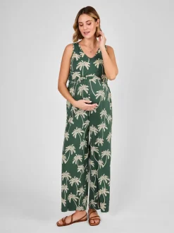 JoJo Maman Bébé Green Palm Tree Strap Maternity Wide Leg Jersey Jumpsuit