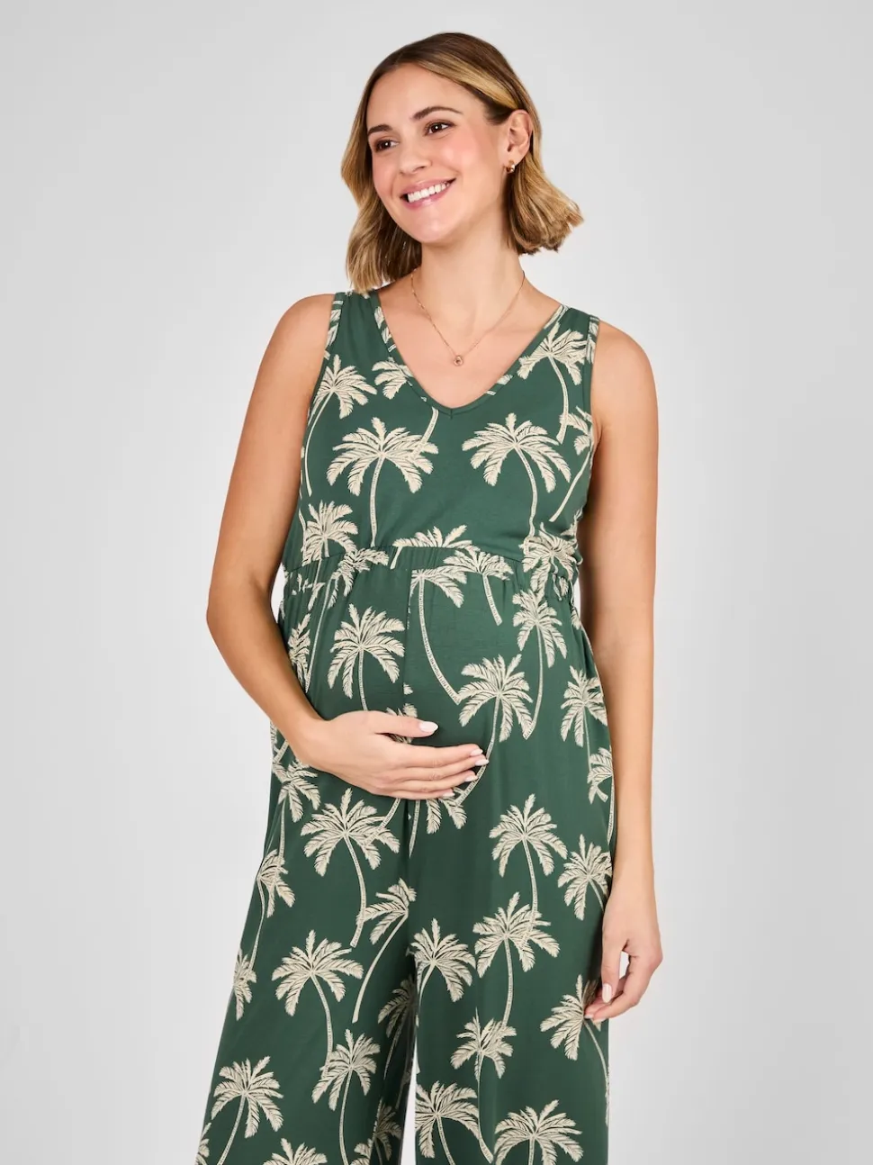 JoJo Maman Bébé Green Palm Tree Strap Maternity Wide Leg Jersey Jumpsuit