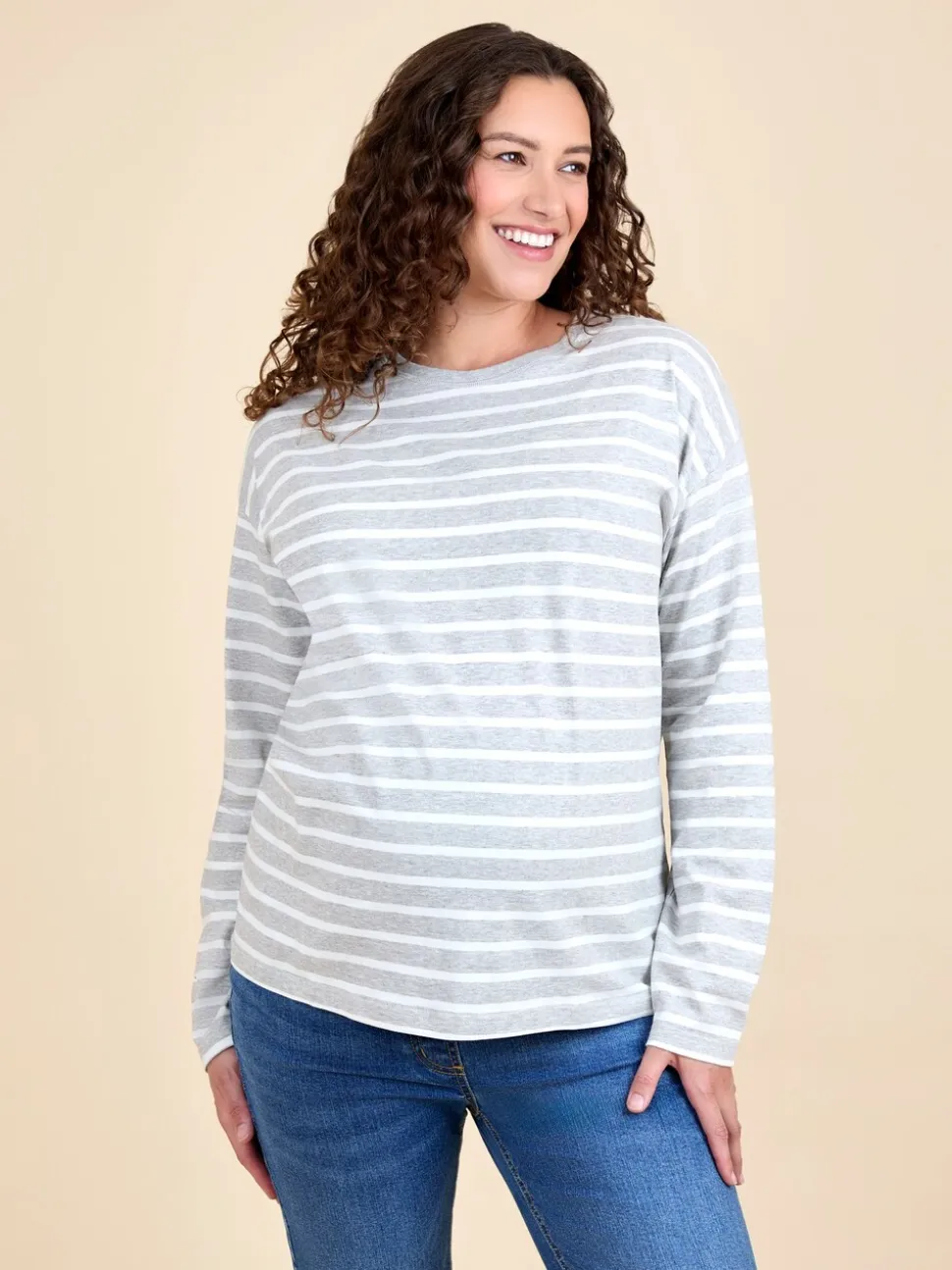JoJo Maman Bébé Light Grey Stripe Long Sleeve Boyfriend Maternity T-Shirt
