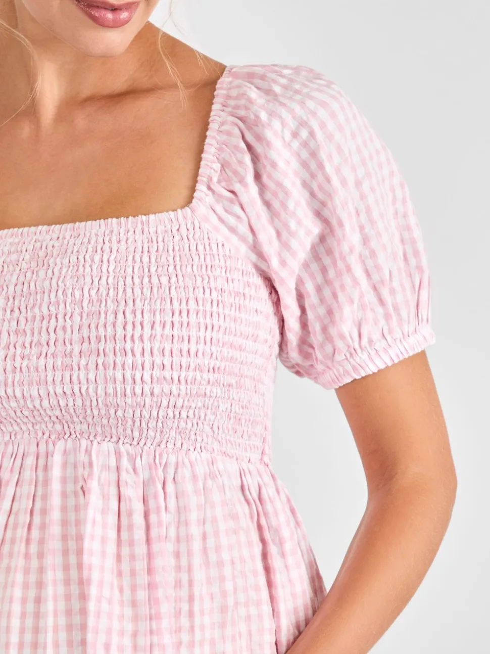 JoJo Maman Bébé Light Pink Short Puff Sleeve Shirred Midi Dress