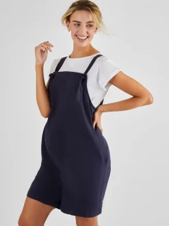 JoJo Maman Bébé Navy Blue Short Maternity Linen Blend Dungarees