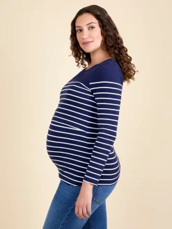JoJo Maman Bébé Navy White Stripe Stripe Long Sleeve Maternity & Nursing Top