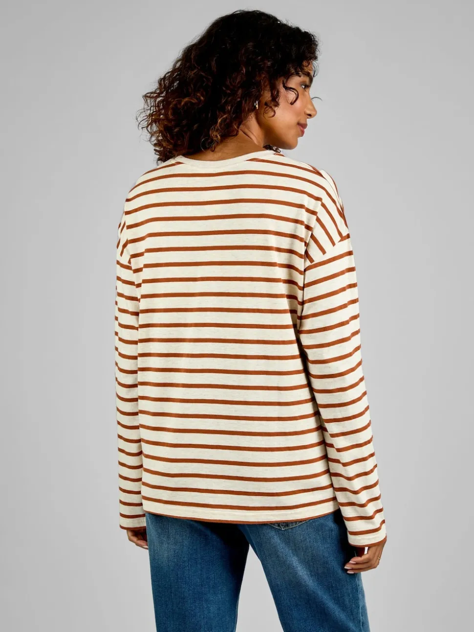 JoJo Maman Bébé Oatmeal & Toffee Stripe Long Sleeve Boyfriend Maternity T-Shirt