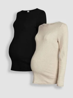 JoJo Maman Bébé Oatmeal Cream & Black 2-Pack Ribbed Maternity & Nursing Top