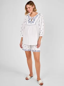JoJo Maman Bébé White Maternity Embroidered Shorts