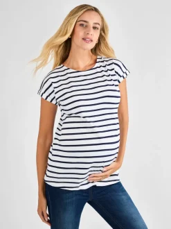 JoJo Maman Bébé White Navy Stripe Boyfriend Maternity Cotton T-Shirt