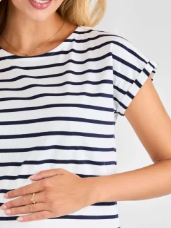 JoJo Maman Bébé White Navy Stripe Boyfriend Maternity Cotton T-Shirt