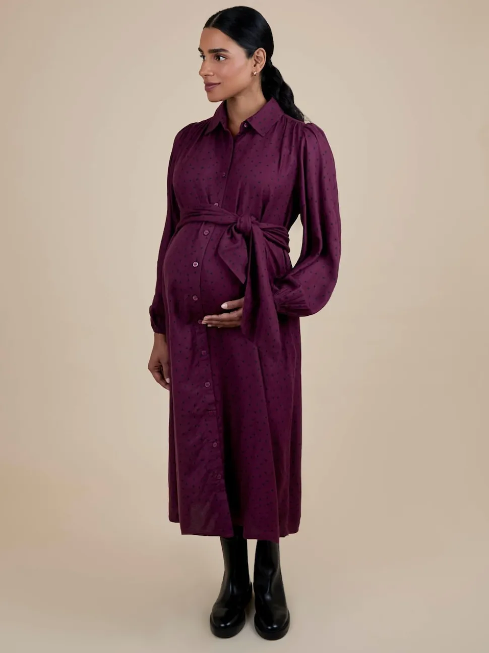 JoJo Maman Bébé Wine Spot Maternity Midi Shirt Dress With Tie