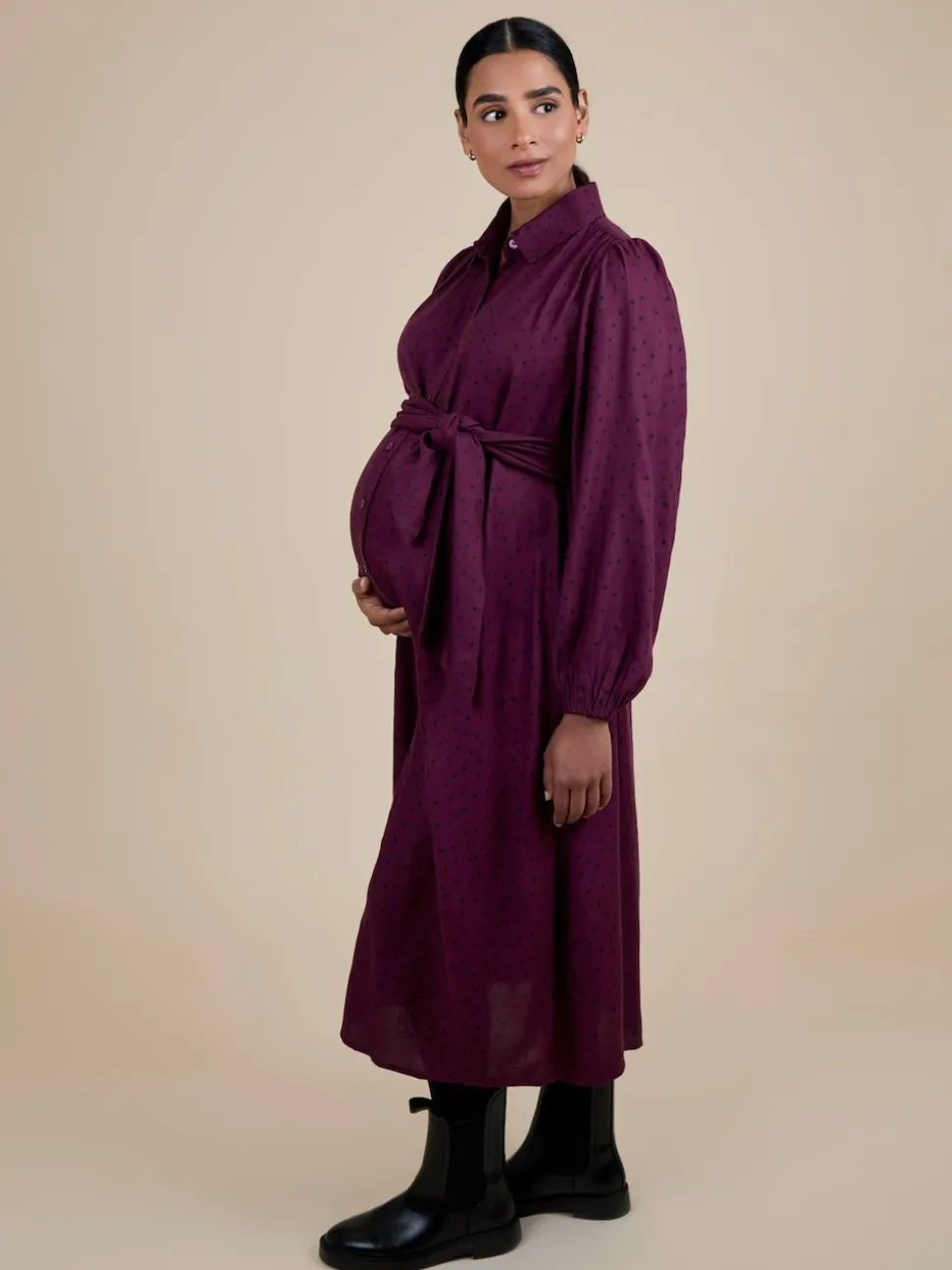 JoJo Maman Bébé Wine Spot Maternity Midi Shirt Dress With Tie
