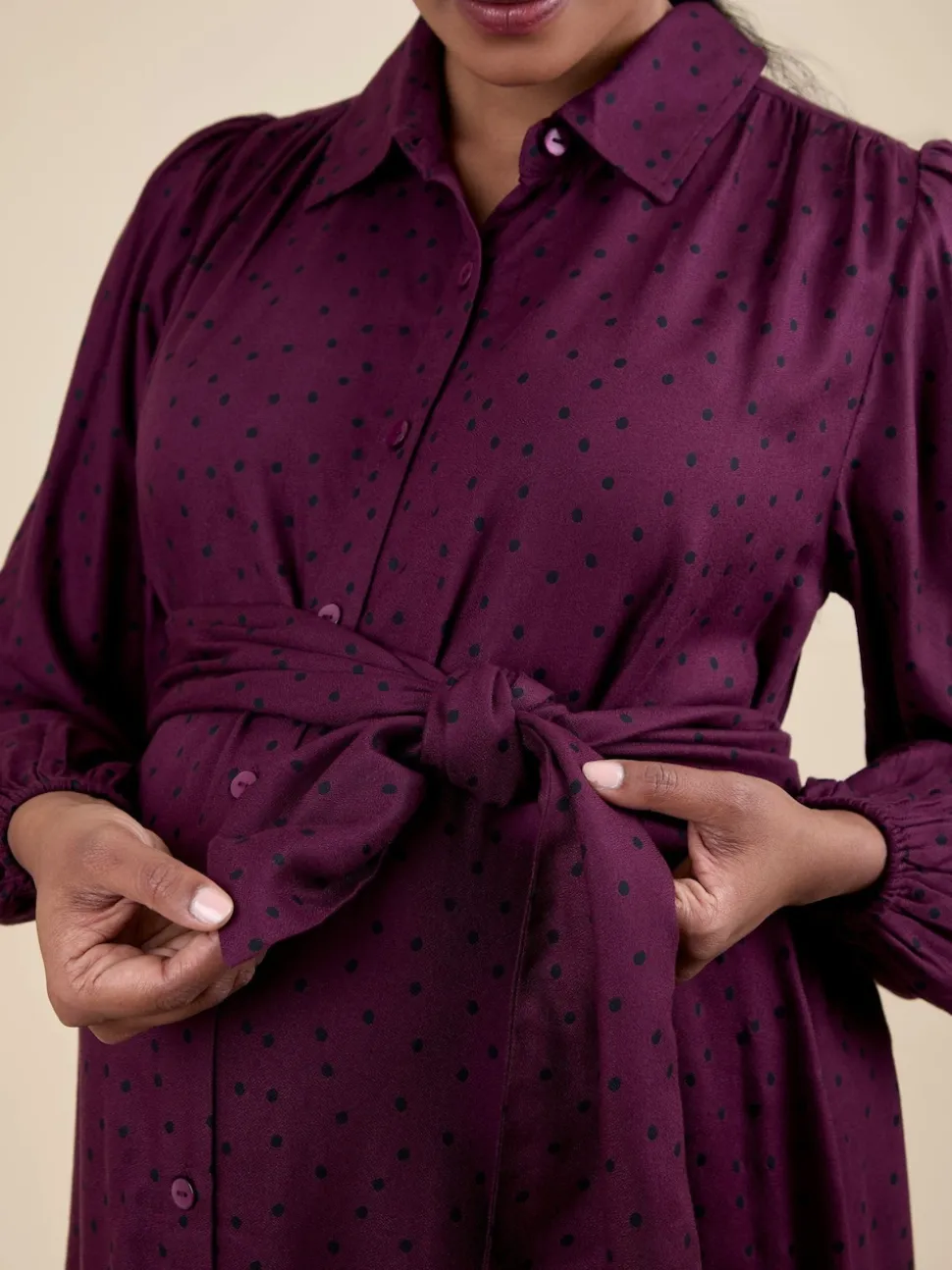 JoJo Maman Bébé Wine Spot Maternity Midi Shirt Dress With Tie