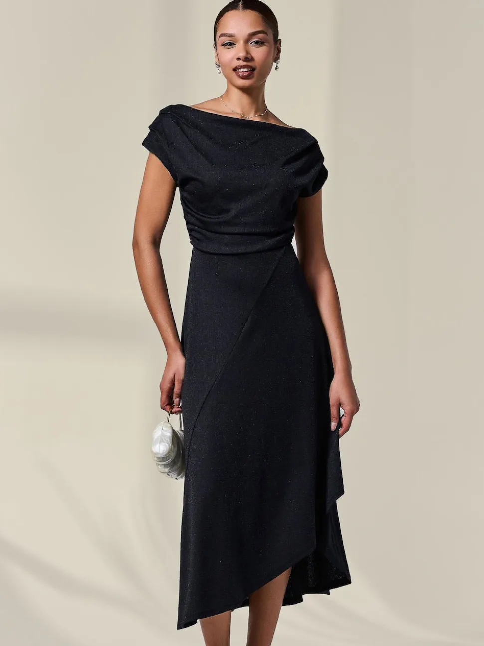 Jolie Moi Black Asymmetric Draped Midi Dress