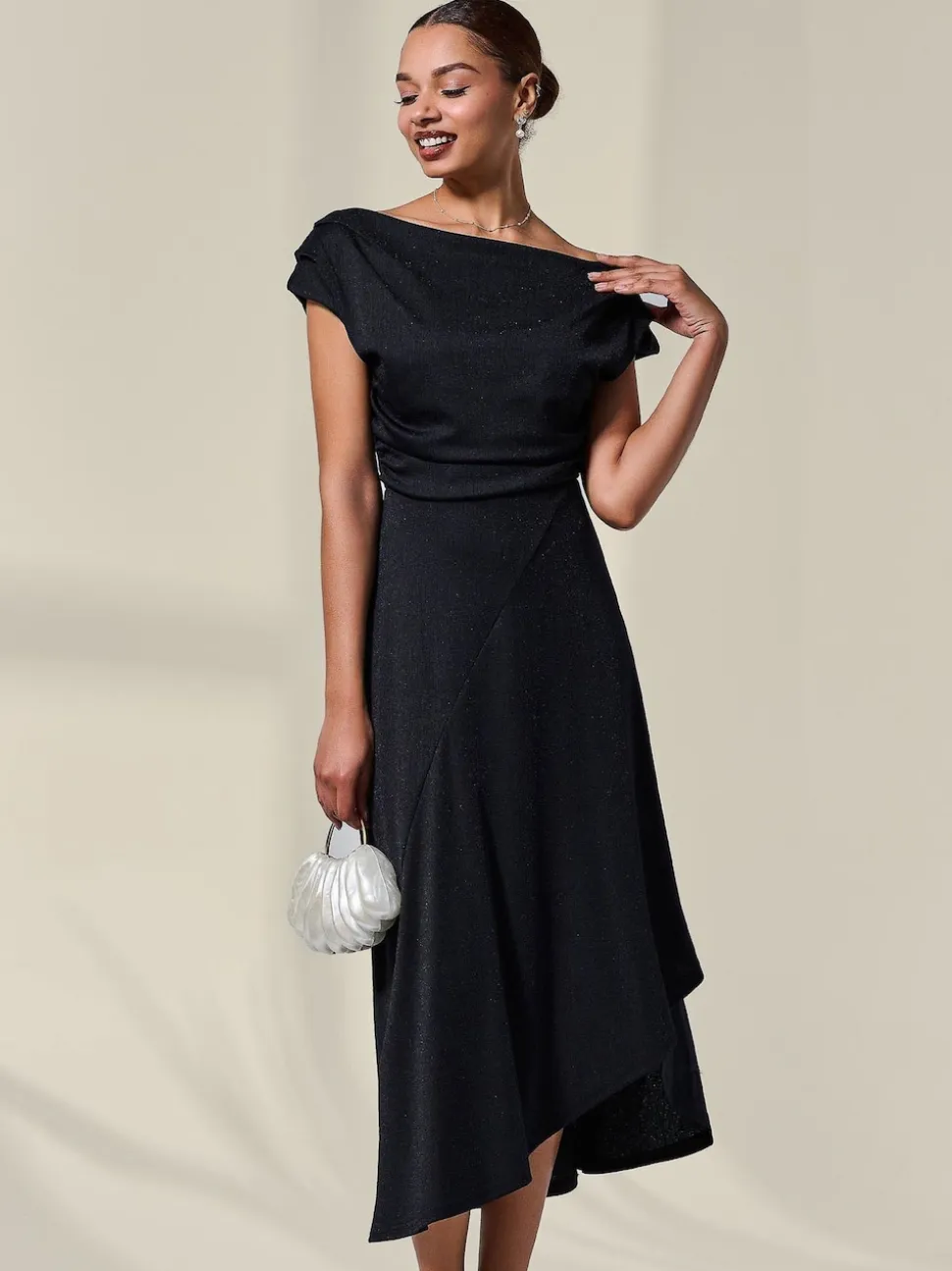 Jolie Moi Black Asymmetric Draped Midi Dress