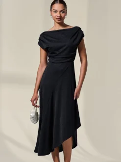 Jolie Moi Black Asymmetric Draped Midi Dress