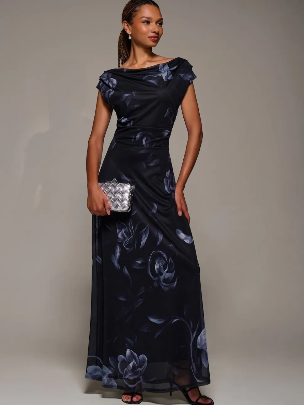 Jolie Moi Black Asymmetric Neck Mesh Maxi Dress
