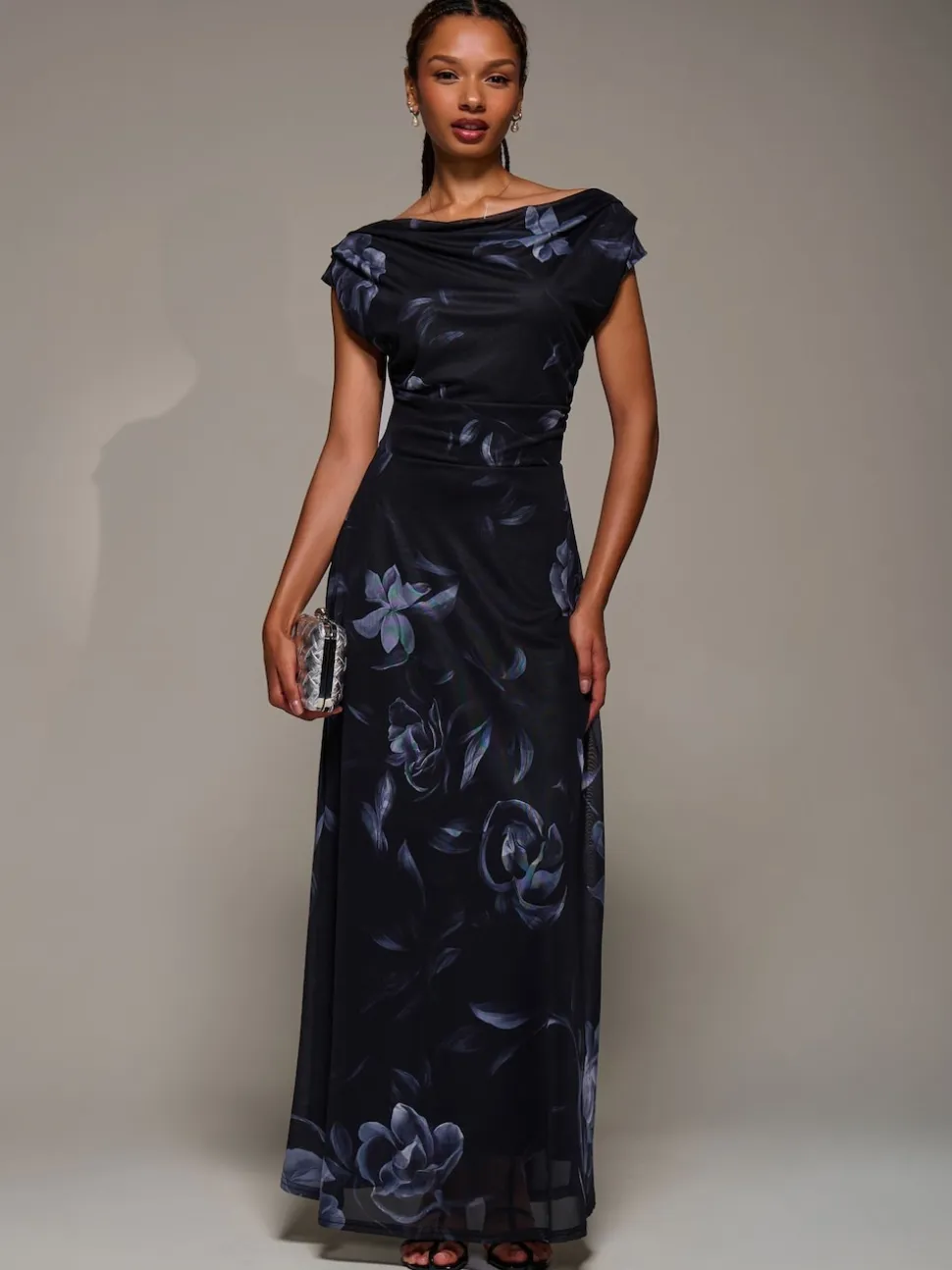 Jolie Moi Black Asymmetric Neck Mesh Maxi Dress