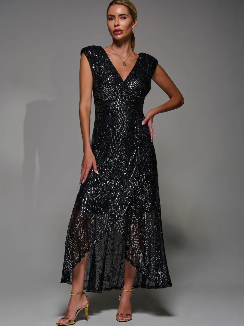 Jolie Moi Black Chrome Sequin Asymmetric Ruffle Hem Maxi Dress