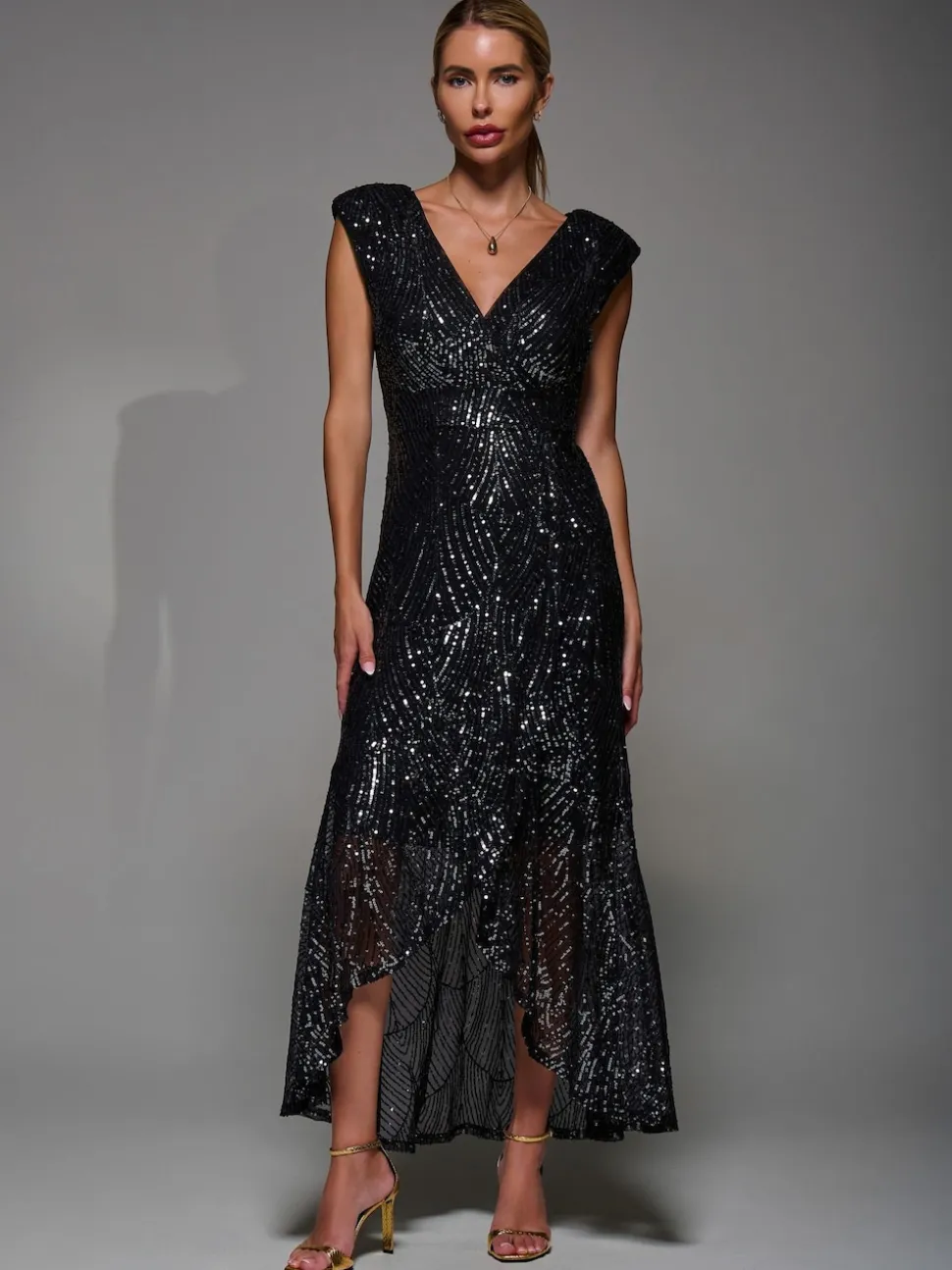 Jolie Moi Black Chrome Sequin Asymmetric Ruffle Hem Maxi Dress