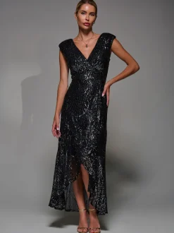 Jolie Moi Black Chrome Sequin Asymmetric Ruffle Hem Maxi Dress