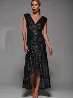 Jolie Moi Black Chrome Sequin Asymmetric Ruffle Hem Maxi Dress