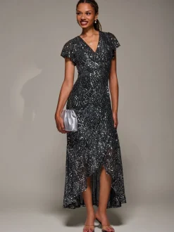Jolie Moi Black Frill Short Sleeve Sequin Maxi Dress