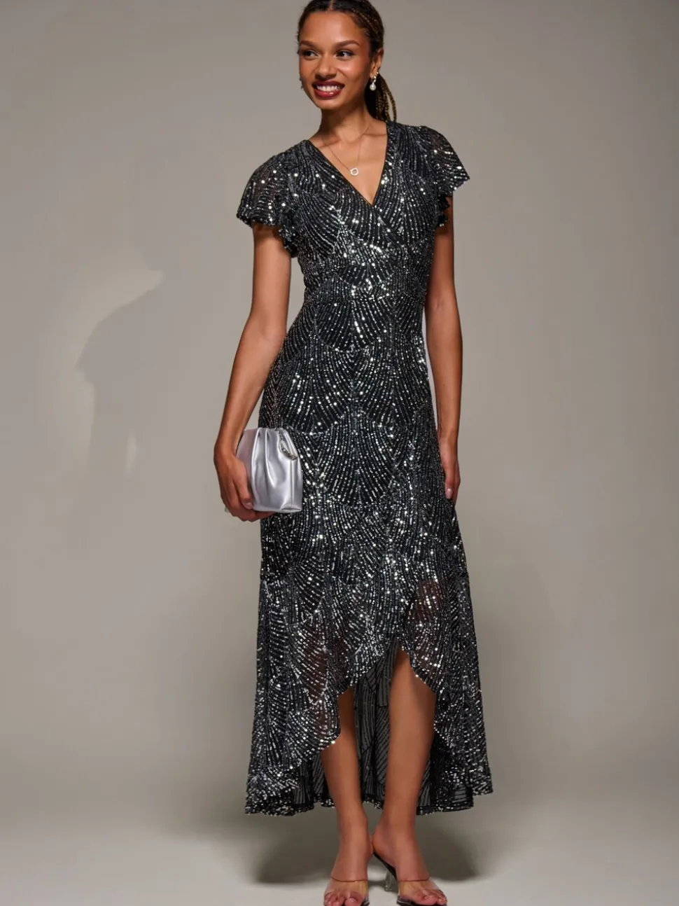 Jolie Moi Black Frill Short Sleeve Sequin Maxi Dress