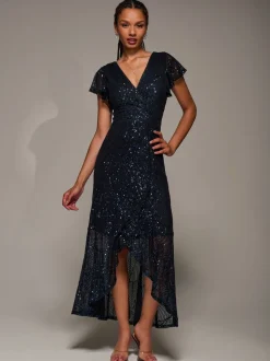 Jolie Moi Black Frill Short Sleeve Sequin Maxi Dress