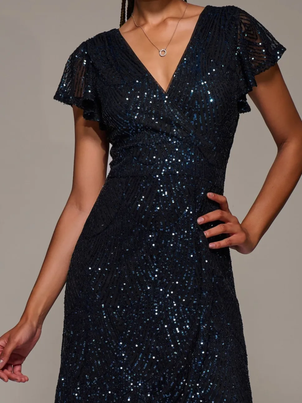 Jolie Moi Black Frill Short Sleeve Sequin Maxi Dress