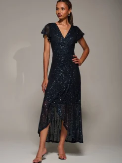 Jolie Moi Black Frill Short Sleeve Sequin Maxi Dress