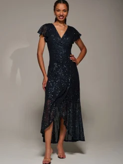 Jolie Moi Black Frill Short Sleeve Sequin Maxi Dress