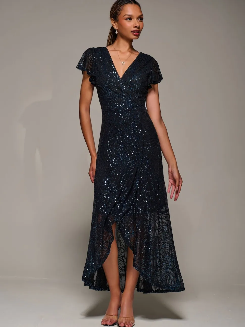 Jolie Moi Black Frill Short Sleeve Sequin Maxi Dress