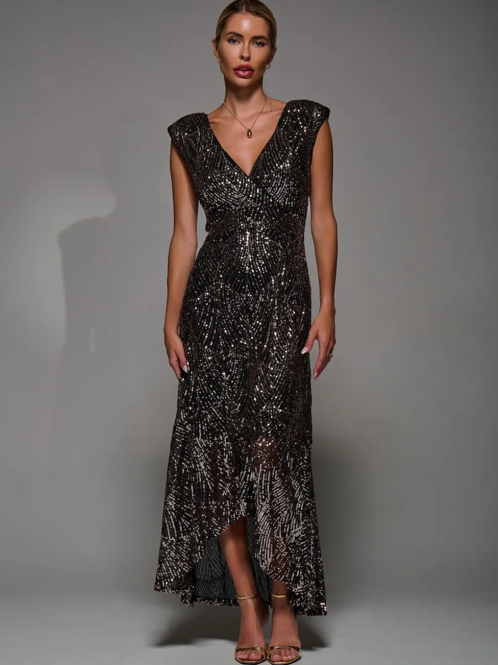 Jolie Moi Black Ground Sequin Asymmetric Ruffle Hem Maxi Dress