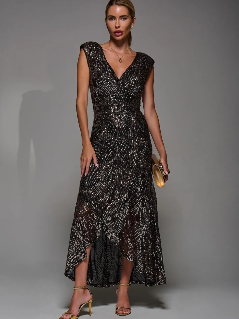 Jolie Moi Black Ground Sequin Asymmetric Ruffle Hem Maxi Dress