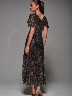 Jolie Moi Black Ground Sequin Angel Sleeve Ruffle Hem Maxi Dress