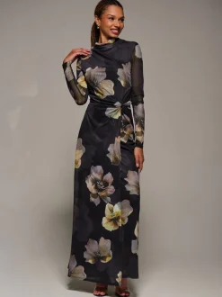 Jolie Moi Black High Neck Long Sleeve Mesh Maxi Dress