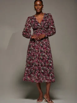 Jolie Moi Black Long Sleeve Printed Lace Maxi Dress