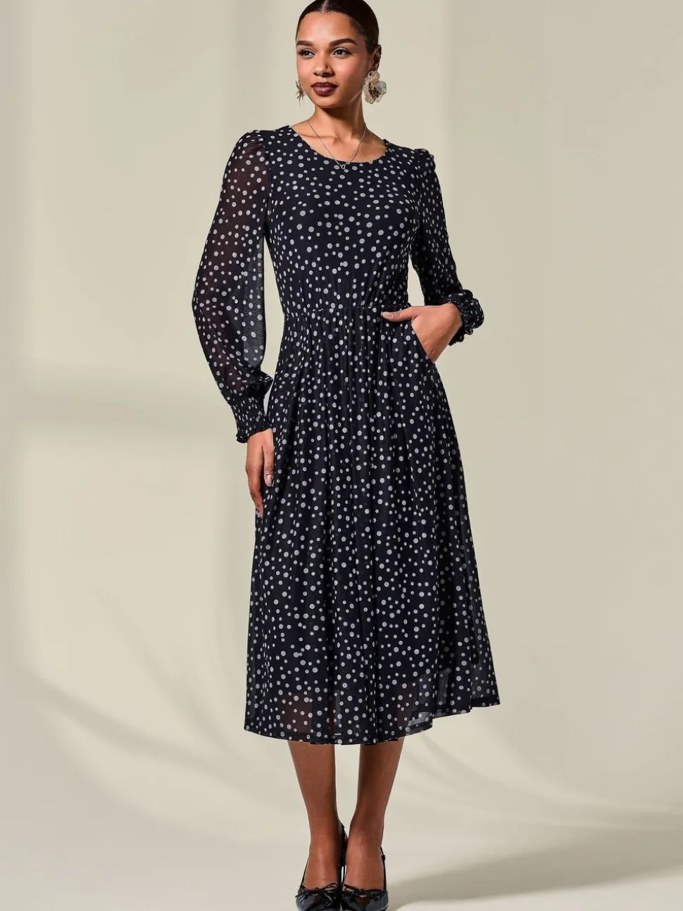 Jolie Moi Black Long Sleeve Mesh Midi Dress