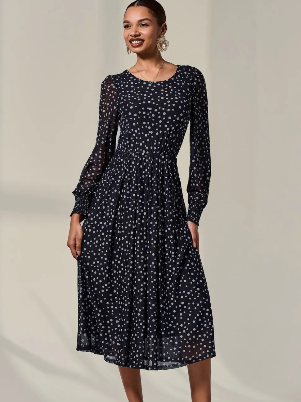 Jolie Moi Black Long Sleeve Mesh Midi Dress