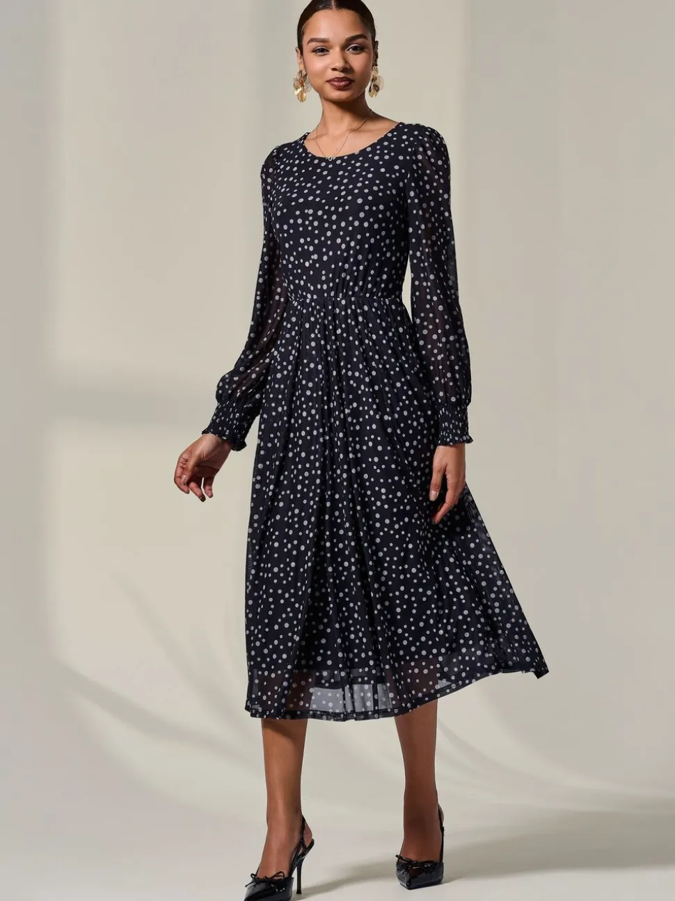 Jolie Moi Black Long Sleeve Mesh Midi Dress